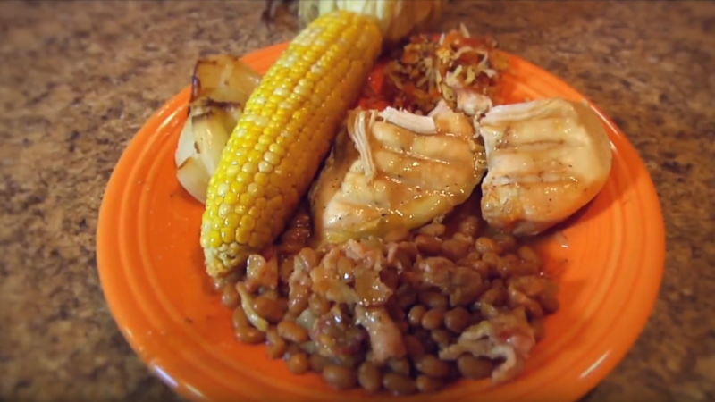 Chicken Breasts, Baked Beans, Sweet Corn, and "Coconut Confetti"